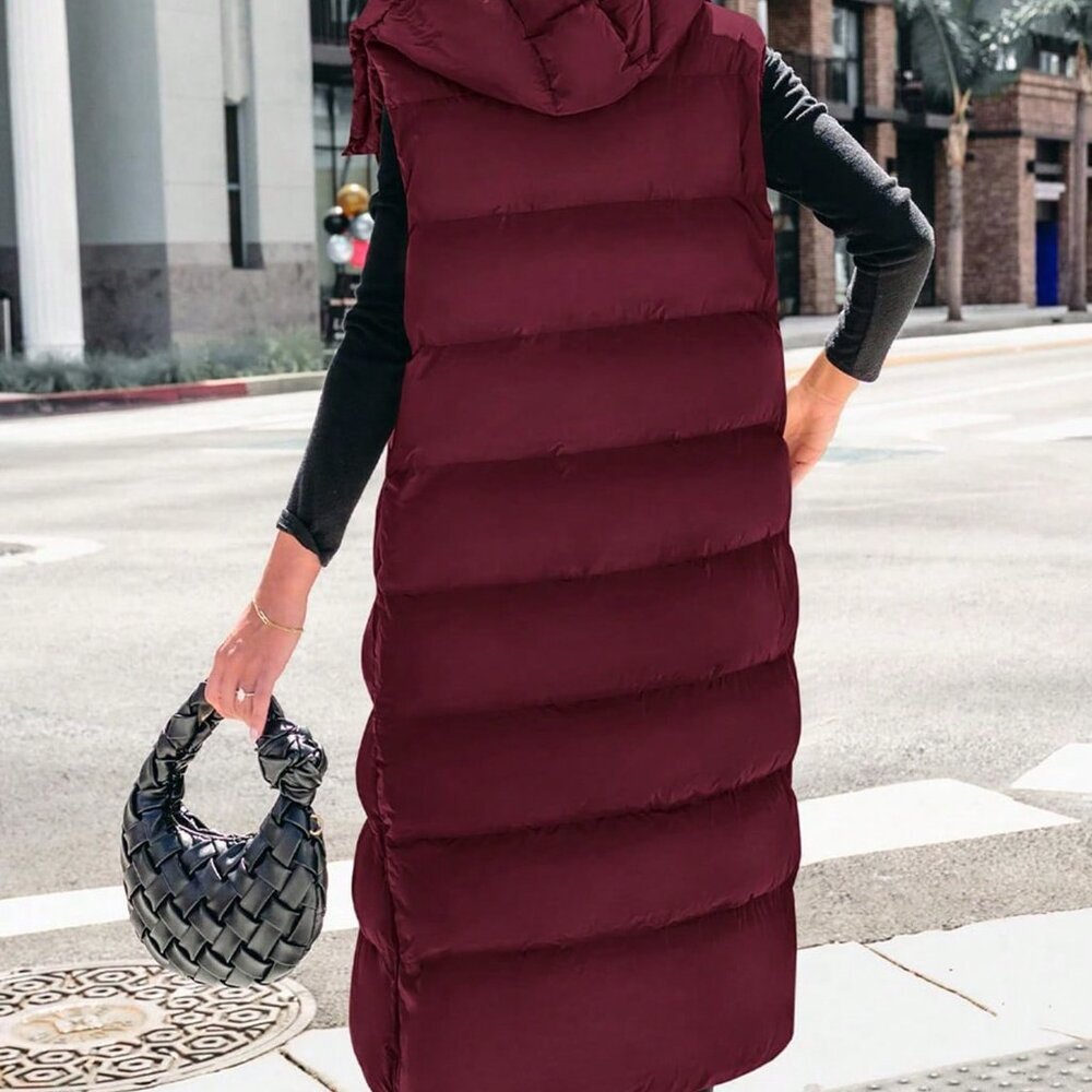 Burgundy Casual Women's Long Quilted Hooded Vest - Picture 2 of 5